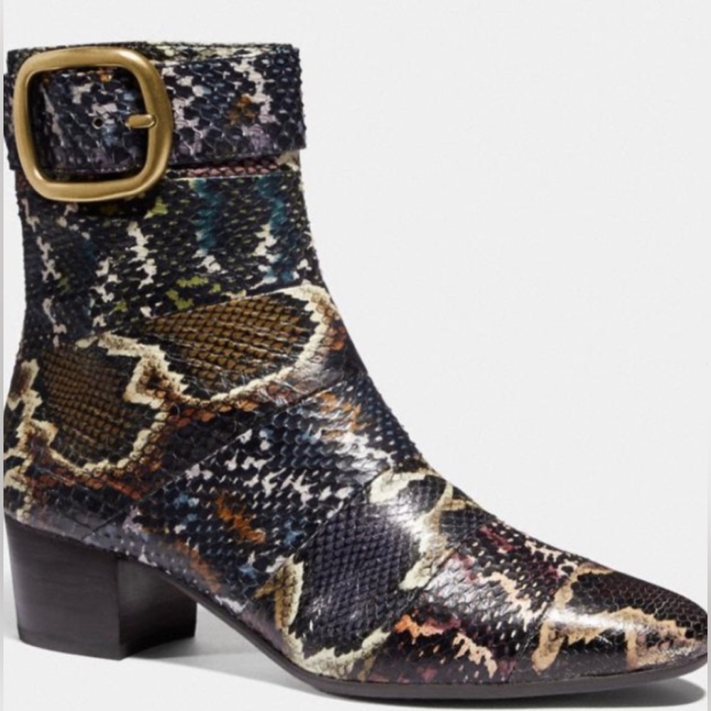 Coach Cassandra Snakeskin Ankle Boots with Gold Buckle
